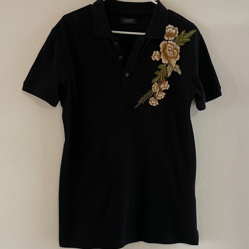 Zara Men's Embroidered Floral Polo Shirt - Size S